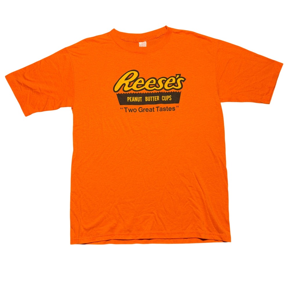Vintage 80s Reeses Peanut Butter Cups Orange Graphic T-Shirt L/XL Made in USA